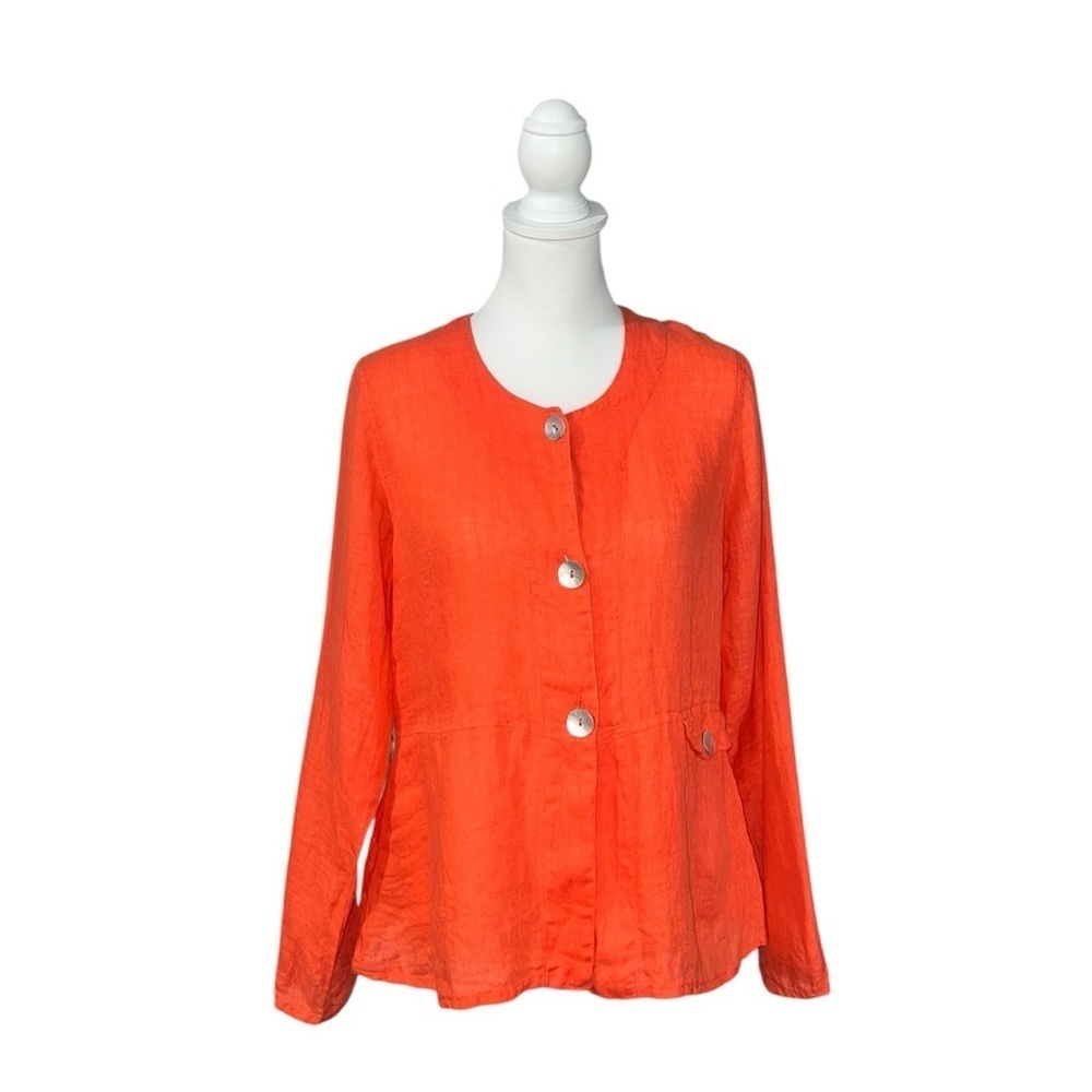 FLAX CORAL ORANGE LINEN LONG SLEEVE BUTTON DOWN  PETITE TUNIC SHIRT - Me… - Picture 5 of 10